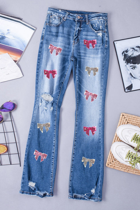 Blue Sequin Bowknot Print Distressed Flared Jeans